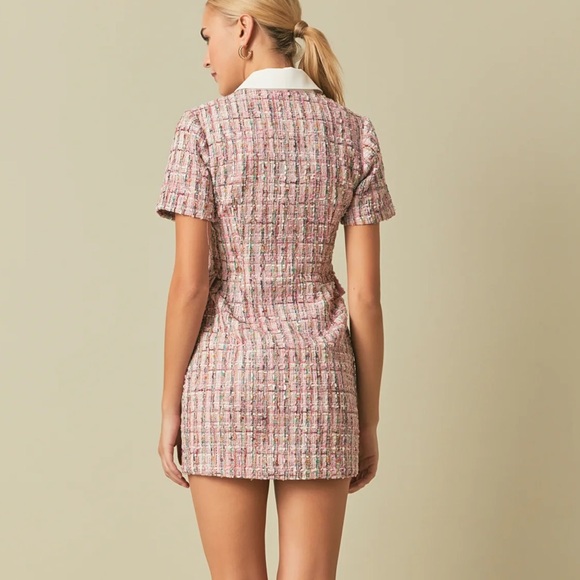 Endless Rose Pink Multi Tweed Collared Short Sleeve Dress - Picture 3 of 9